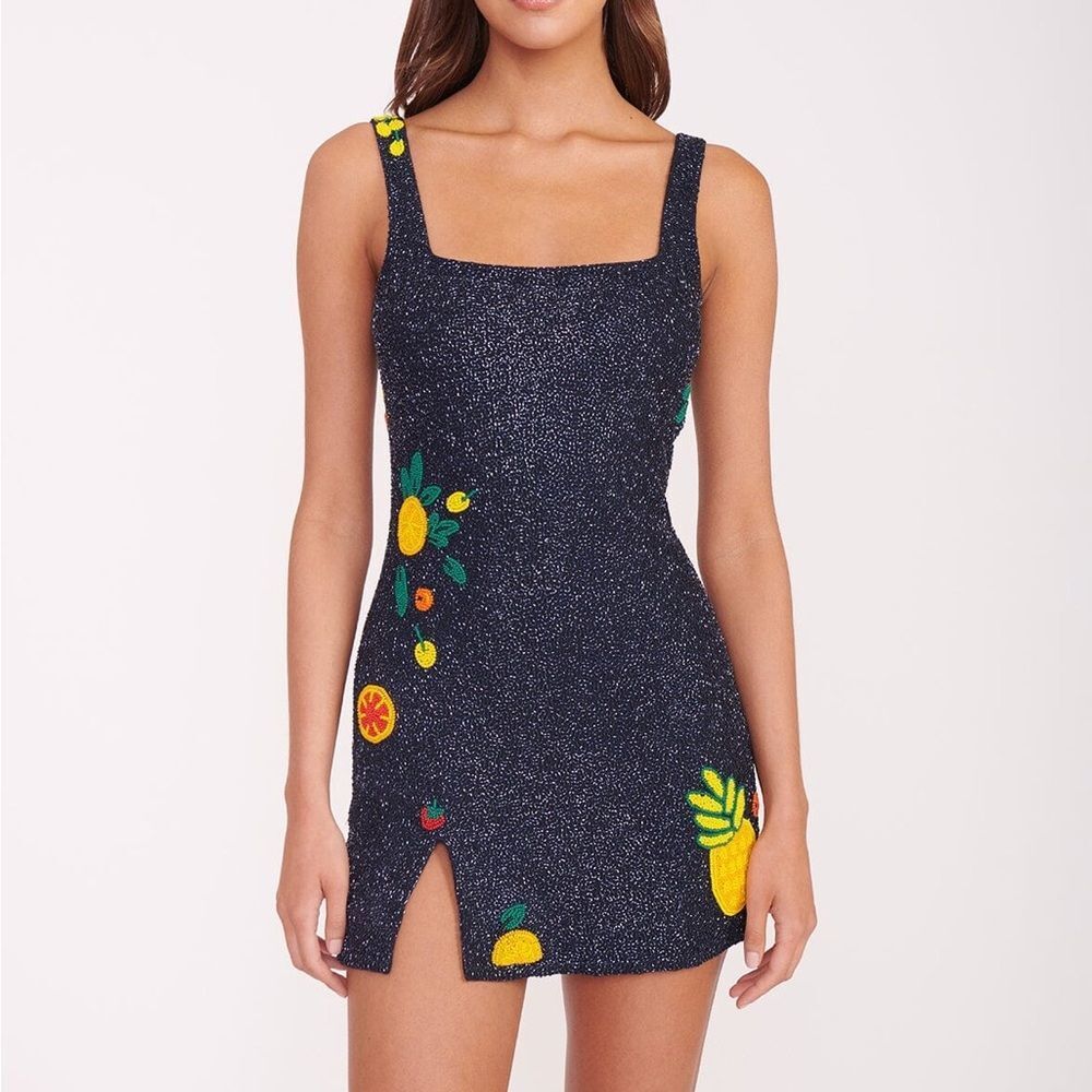 STAUD Black Sparkle Mini Dress with Yellow & Green Fruit Embroidery